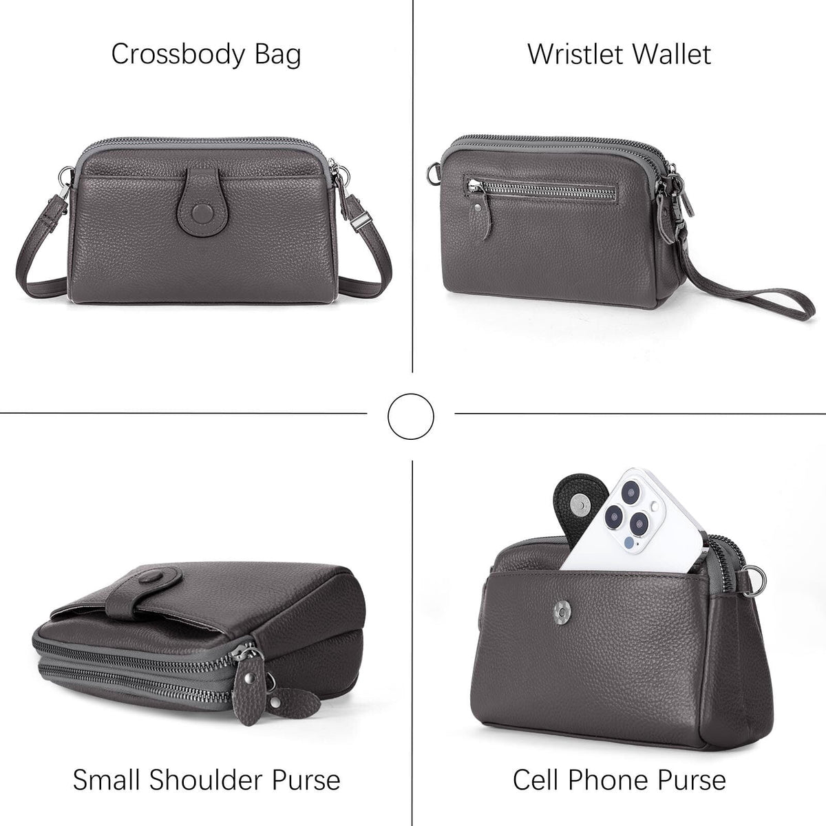 KAWELL Genuine Leather Wristlet Clutch Wallet Purses Small Crossbody Bags Shoulder Handbag for Women, Silver Zipper