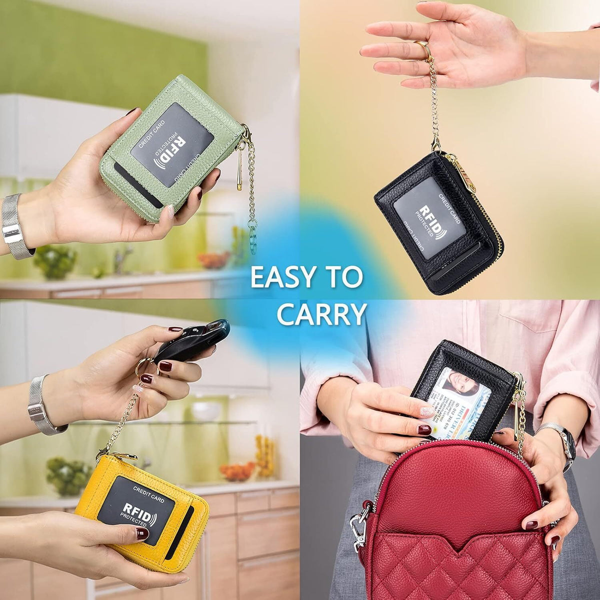 KAWELL Credit Card Holder, Small RFID Card Wallet Slim Leather Card Case with Keychain & ID Window