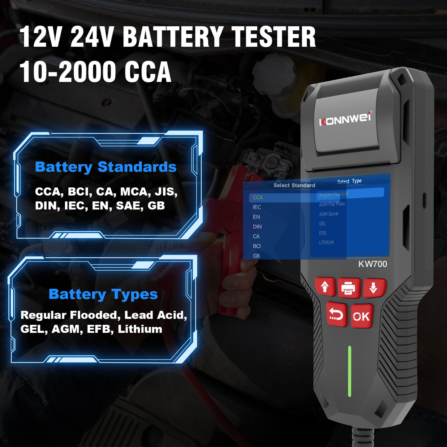 KONNWEI KW700 Battery Tester with Thermal Printer | 6V 12V 24V All-in-One Diagnostic Tool