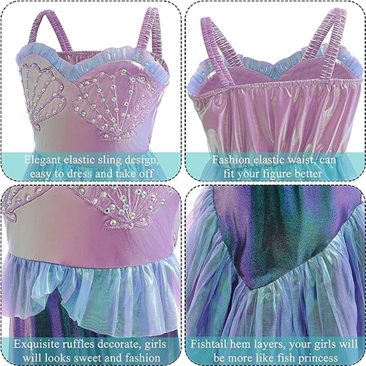 KAWELL Mermaid Costume Dress for Toddler Girls Cosplay Ariel Outfit Halloween Birthday Party Dress Up