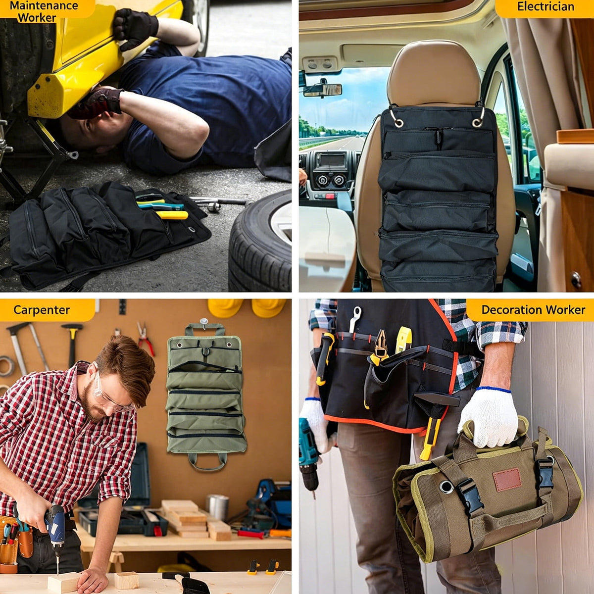URSOFINE Rolling Tool Bag, Heavy-Duty Oxford Cloth Tool Roll Organizer with 6 Pockets, Detachable Pouches & Water-Resistant Design for Electricians, Carpenters & Maintenance Workers