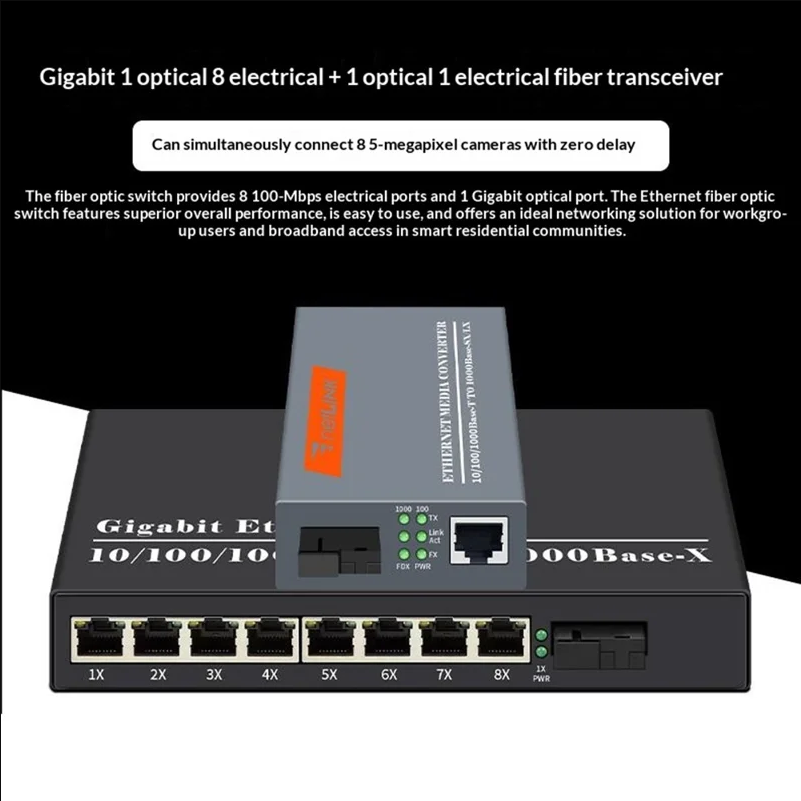 Gigabit Fiber Converter Set 1 Fiber 8 Port Switch + 1 Fiber 1 Port Media Converter 25KM - UK Plug - selling point 1