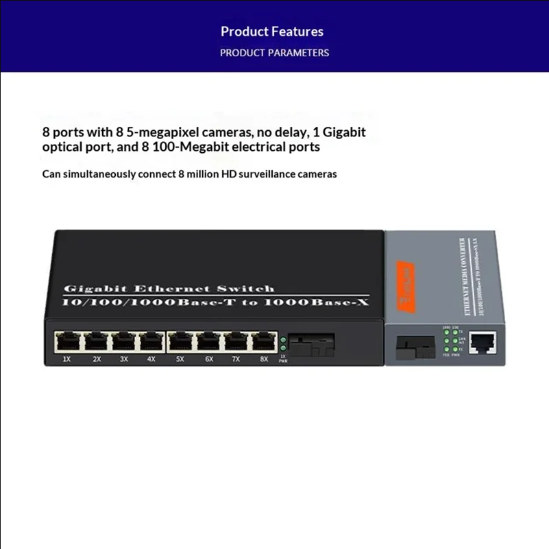 Gigabit Fiber Converter Set 1 Fiber 8 Port Switch + 1 Fiber 1 Port Media Converter 25KM - UK Plug - selling point 2