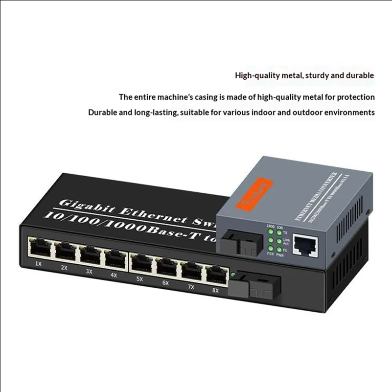 Gigabit Fiber Converter Set 1 Fiber 8 Port Switch + 1 Fiber 1 Port Media Converter 25KM - UK Plug - scene 1