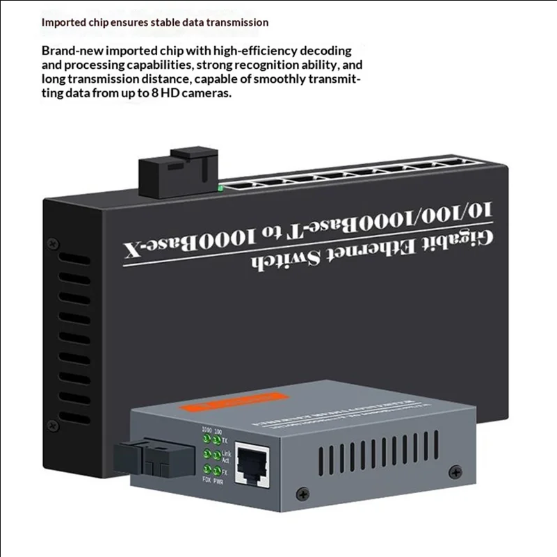 Gigabit Fiber Converter Set 1 Fiber 8 Port Switch + 1 Fiber 1 Port Media Converter 25KM - UK Plug - scene 2