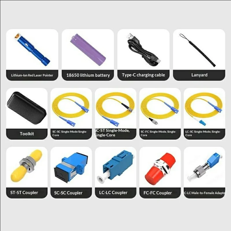 L414 650nm Visual Fault Locator Tool Set 18650 Rechargeable Fiber Optic Tester with Simplex Patch Cord Fiber Coupler - scene 1