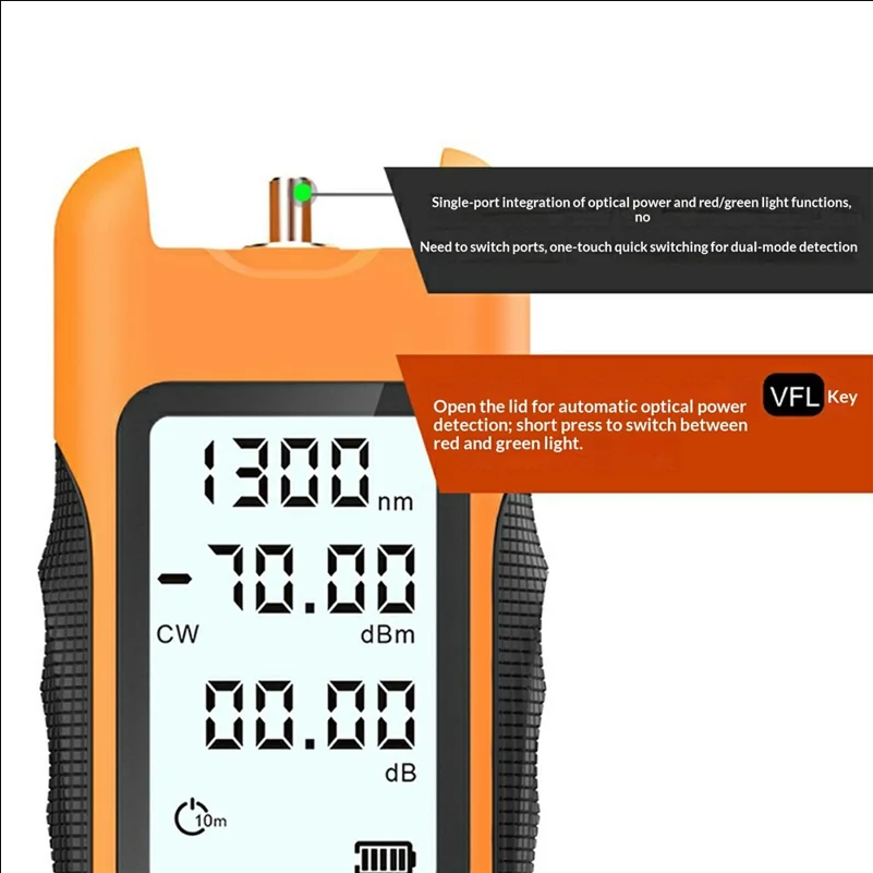 Y12-Y0550 Optical Power Meter 5km VFL -50 to +26dBm 9 Wavelengths SC FC ST Compatible for FTTH Installation Optical Circuit Testing - Orange - scene 1