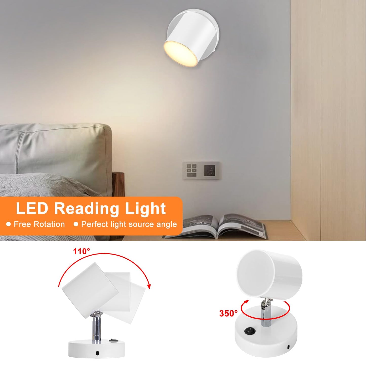 Kawell Indoor LED Wall Light with Switch Modern Wall Sconce Rotatable Hardwired Wall Lamp Nordic Style for Bedside Study Child Room, White(3000K)