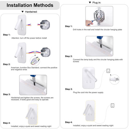 Kawell 2 in 1 8W Modern LED Wall Sconces Indoor LED Wall Light with Switch 350° Swivel 3W LED Reading Wall Spotlight LED Wall Lamp for Bedroom Bedside Living Room Study Room, White 3000K
