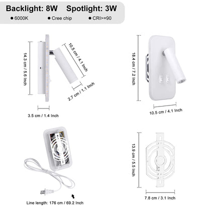 Kawell 2 in 1 8W Modern LED Wall Sconces Indoor LED Wall Light with Switch 350° Swivel 3W LED Reading Wall Spotlight LED Wall Lamp for Bedroom Bedside Living Room Study Room, White 6000K