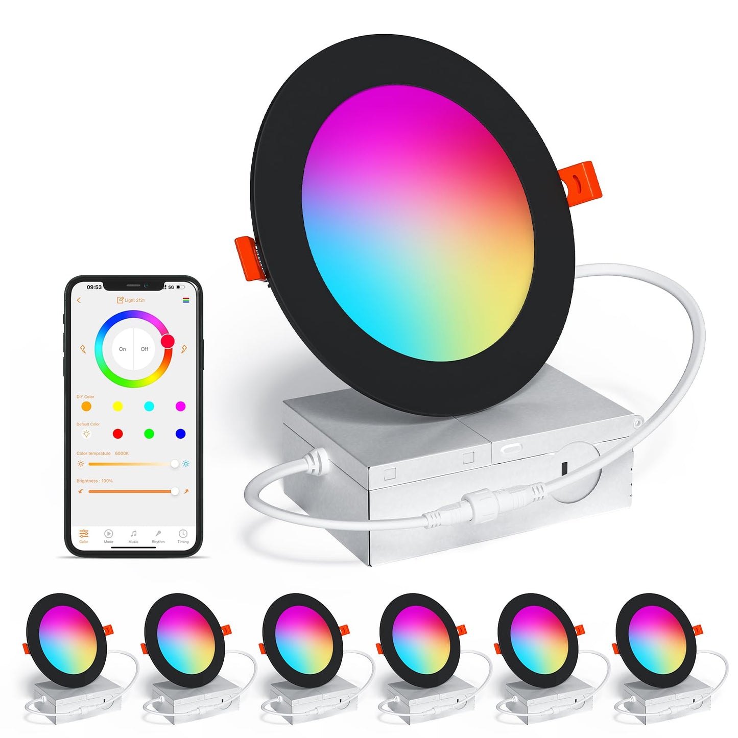 KAWELL SikSog 4-Inch Smart Recessed Lighting – RGB+CCT Color Changing, 12W, 1080LM, Alexa Compatible, Bluetooth Dimmable (Black Shell)