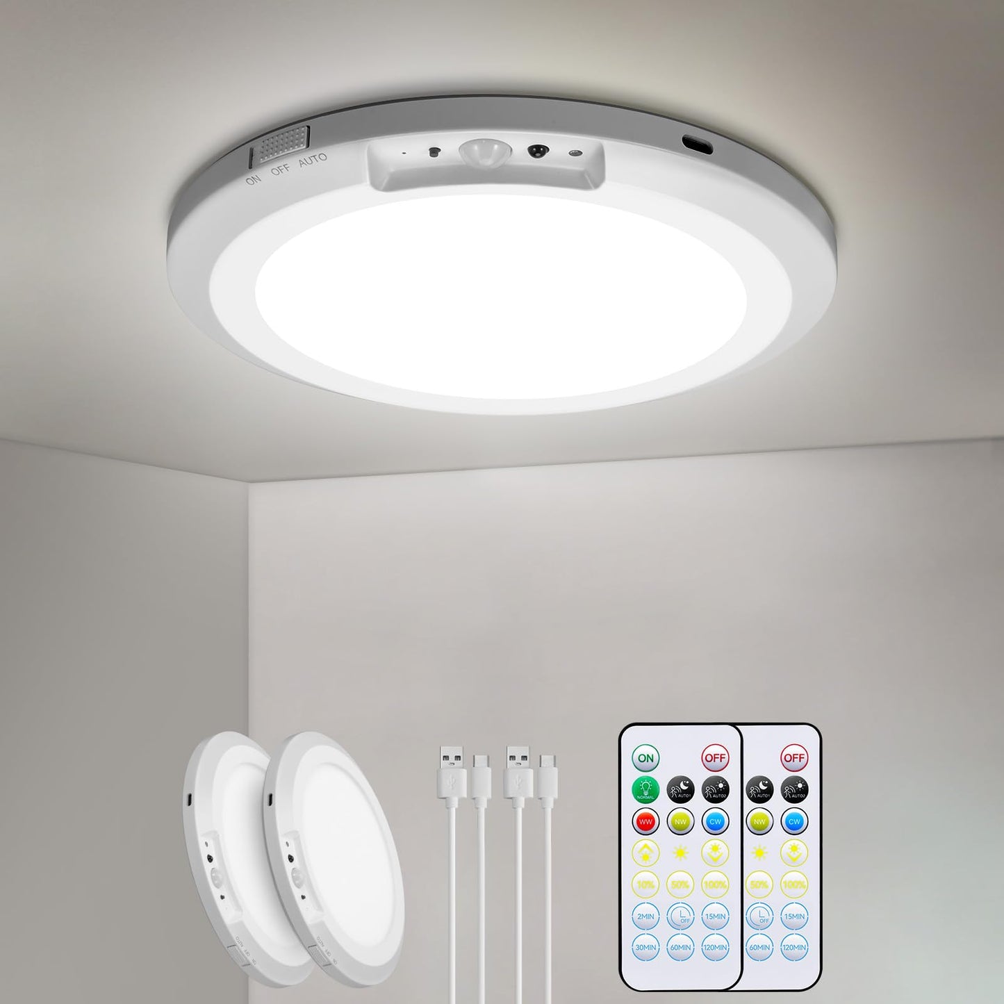 KAWELL Rechargeable Motion Sensor Ceiling Light - 10000mAh Battery Operated LED Flush Mount with Remote Control, 3 Color Modes, Dimmable for Closet, Hallway, Stairs