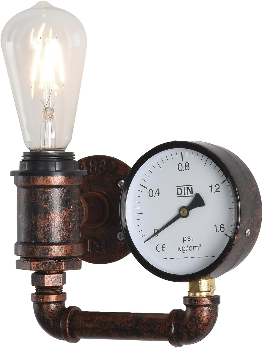 KAWELL Steampunk Wall Sconce - Vintage Industrial Pipe Wall Light with Pressure Gauge Design, E26 Edison Bulb Fixture for Bar, Cafe & Bedroom