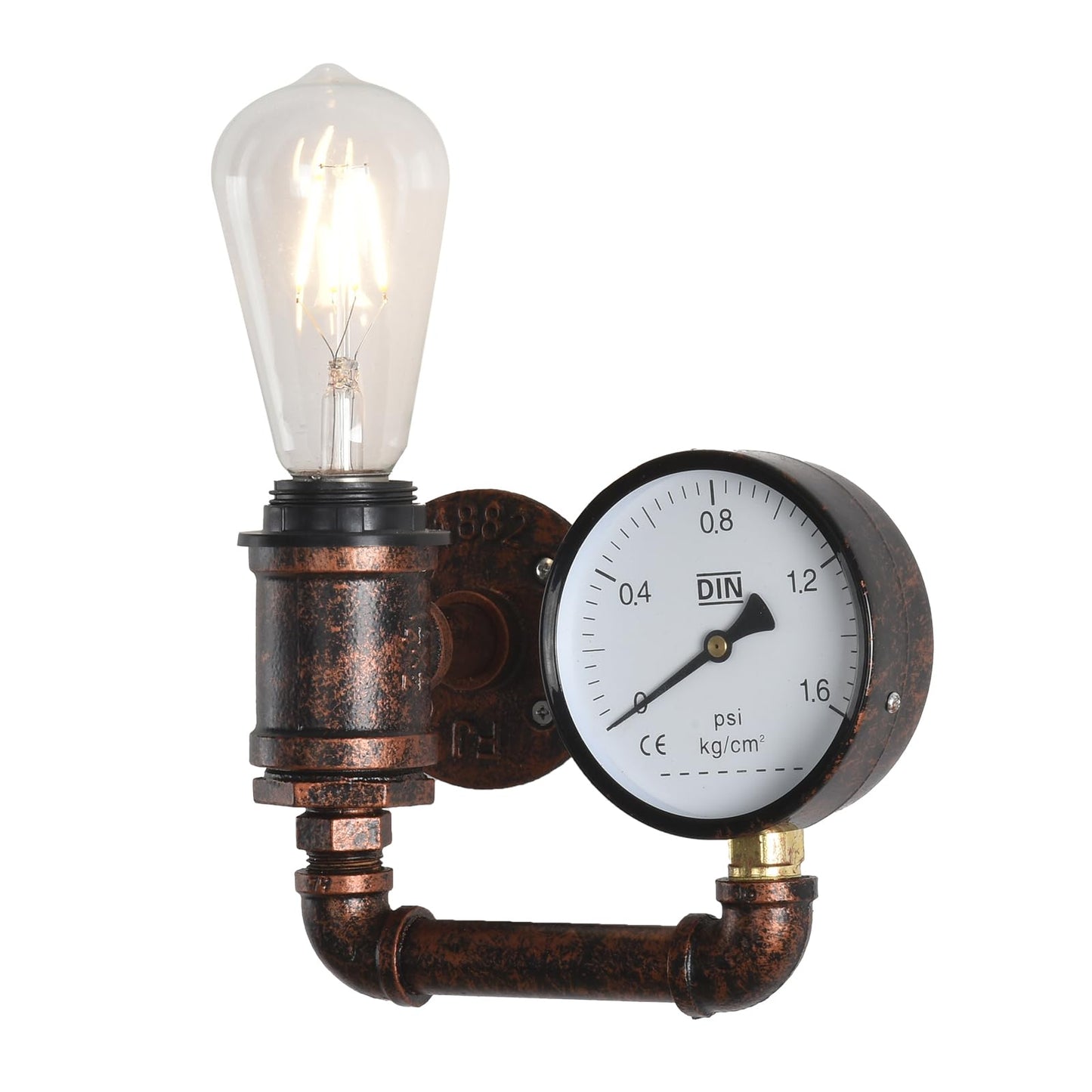 KAWELL Steampunk Wall Sconce - Vintage Industrial Pipe Wall Light with Pressure Gauge Design, E26 Edison Bulb Fixture for Bar, Cafe & Bedroom