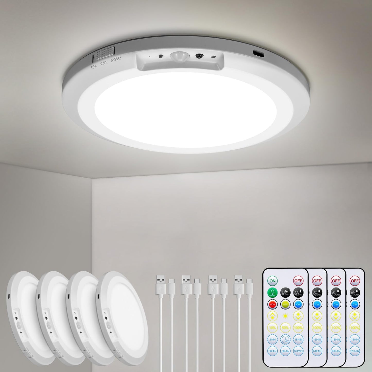 KAWELL Rechargeable Motion Sensor Ceiling Light - 10000mAh Battery Operated LED Flush Mount with Remote Control, 3 Color Modes, Dimmable for Closet, Hallway, Stairs