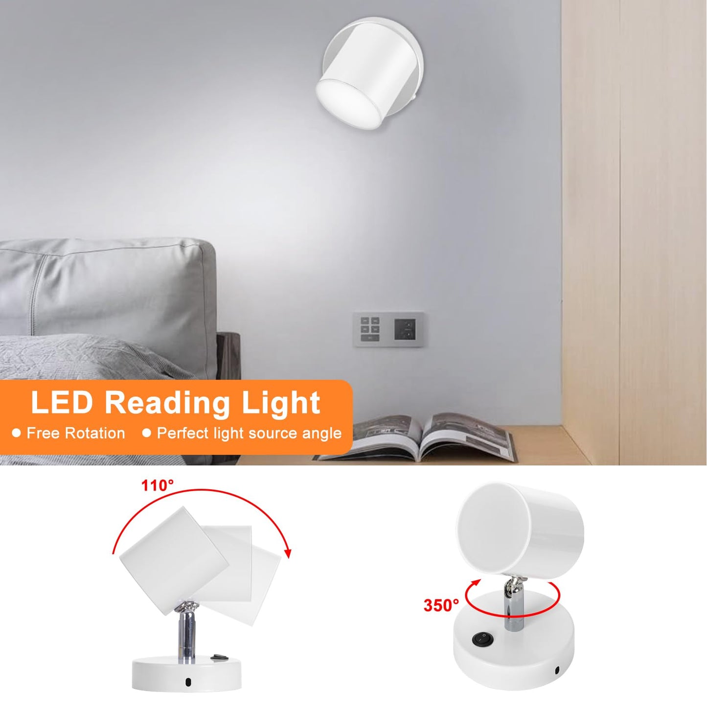 Kawell Indoor LED Wall Light with Switch Modern LED Wall Sconce Rotatable Hardwired LED Wall Lamp Nordic Style for Bedside Study Child Room, White(6000K)