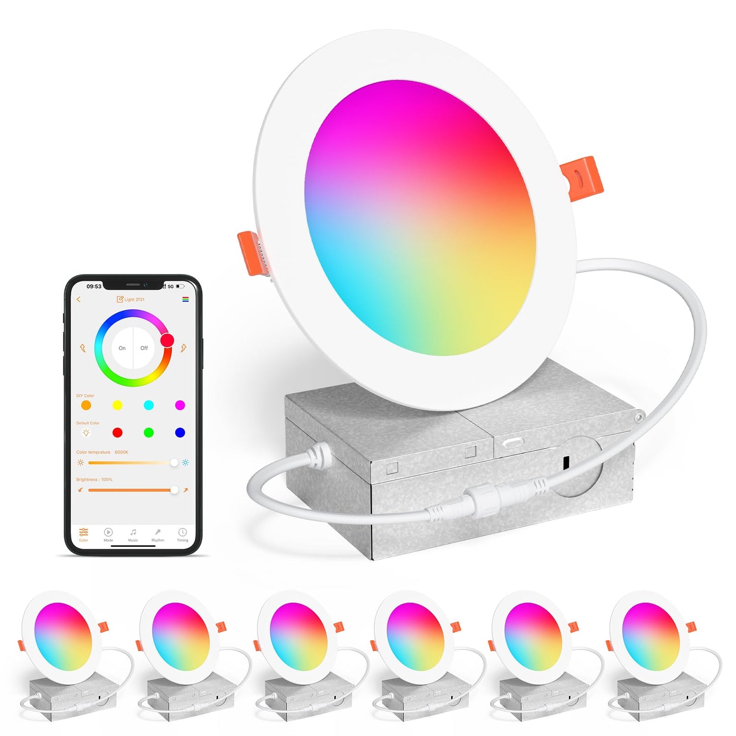 KAWELL SikSog 4-Inch Smart Recessed Lighting – RGB+CCT Color Changing, 12W, 1080LM, Alexa Compatible, Bluetooth Dimmable (Black Shell)