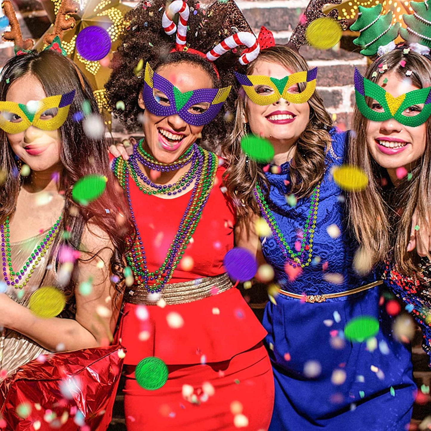 Mardi Gras Beads Necklaces Mask Coins Party Favors Set, 124pcs Mardi Gras Accessories Decorations Bulk for Kids Women Men Parades Carnival Games Toy Masquerade Party Decor Supplies