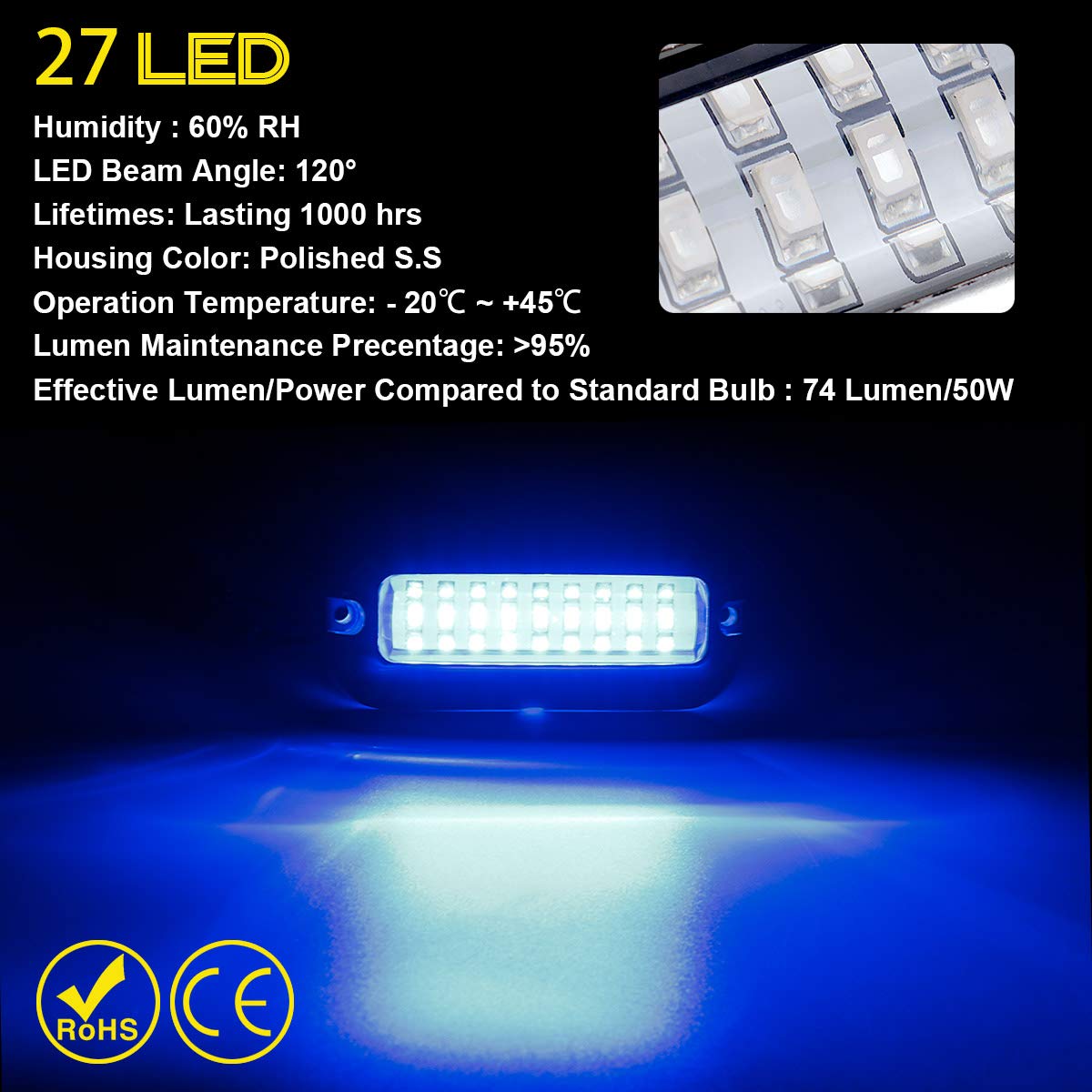 Kawell 27 LED LED Underwater Boat Yacht Lights Waterproof IP68 SUS316 Stainless Steel Pontoon Marine Transom Lights for Swiming Driving Fishing 2pcs Blue Lights