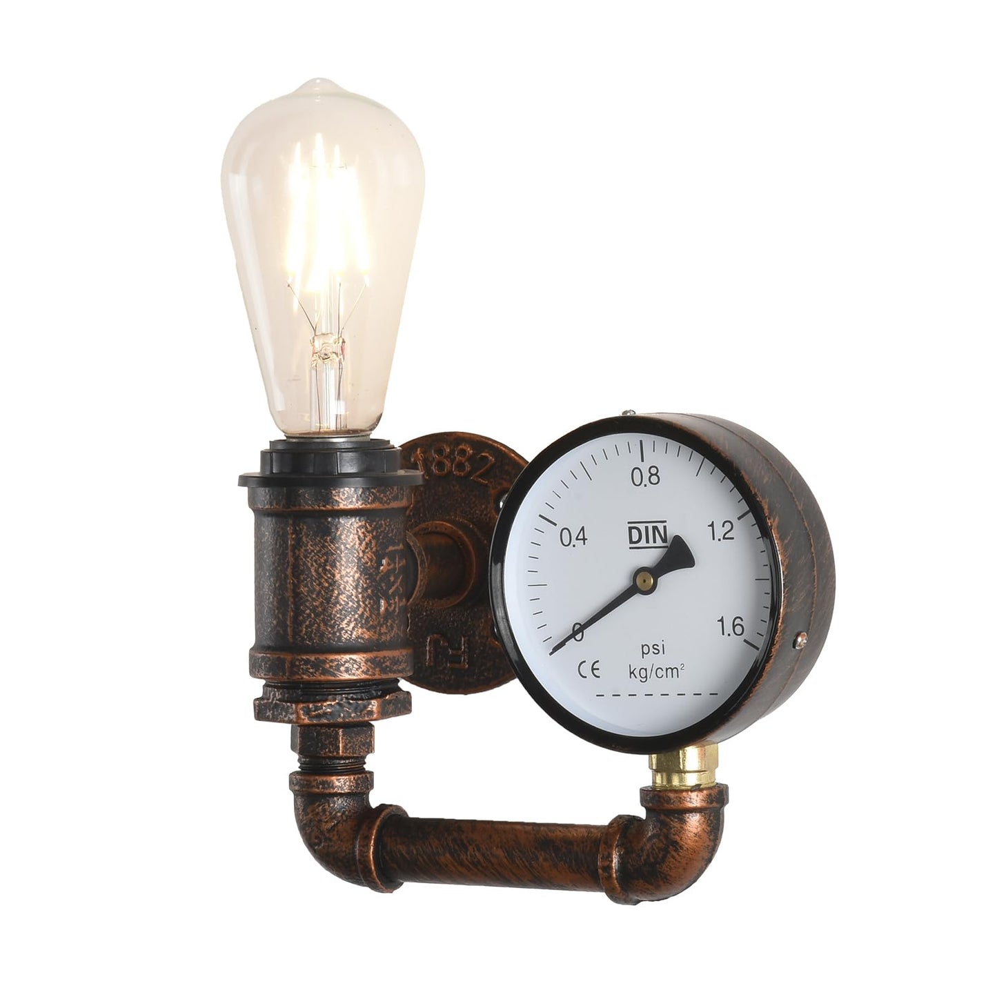 KAWELL Steampunk Wall Sconce - Vintage Industrial Pipe Wall Light with Pressure Gauge Design, E26 Edison Bulb Fixture for Bar, Cafe & Bedroom