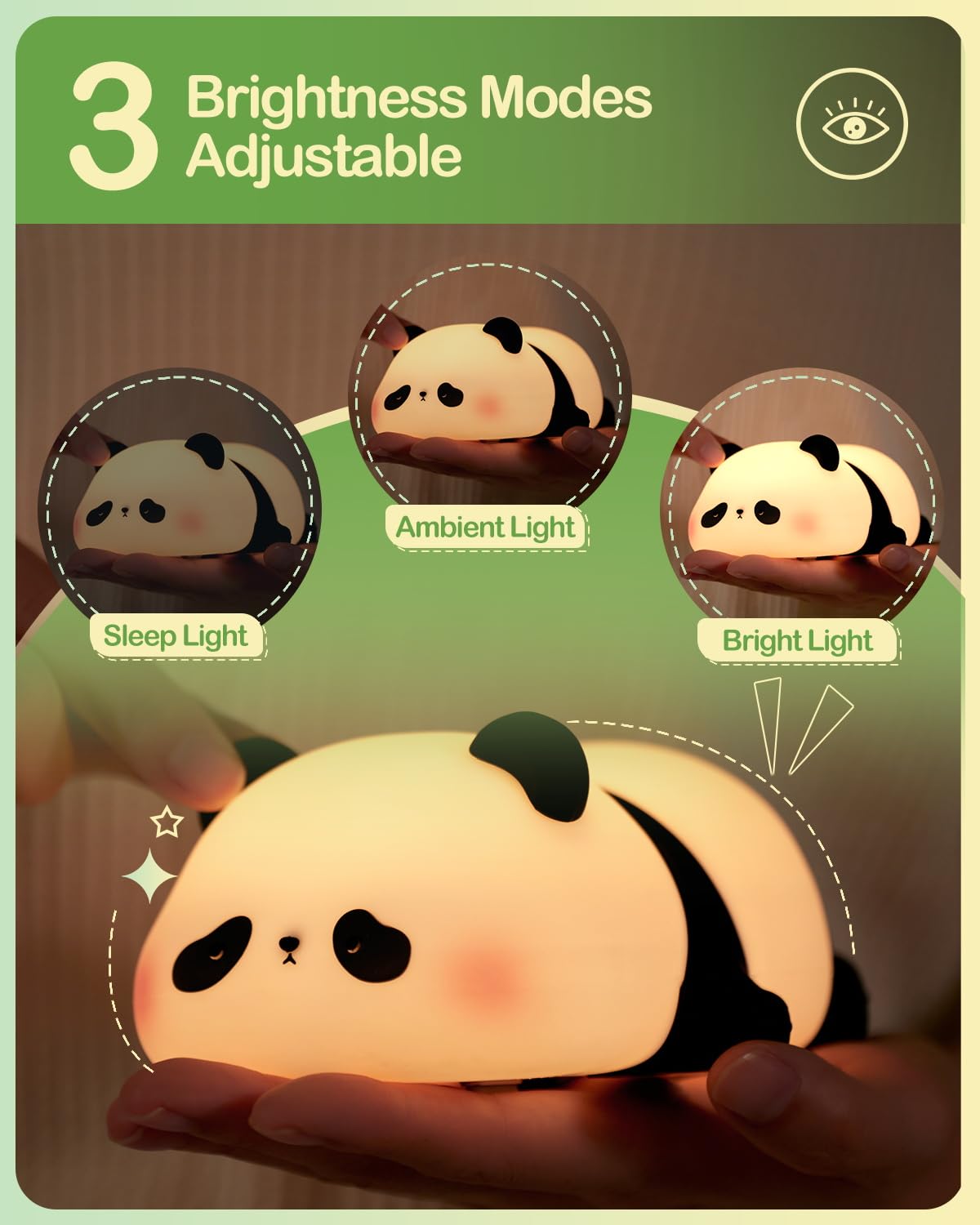 Cute Panda Night Light for Kids | Soft Silicone, 3-Level Dimmable, Nursery Lamp