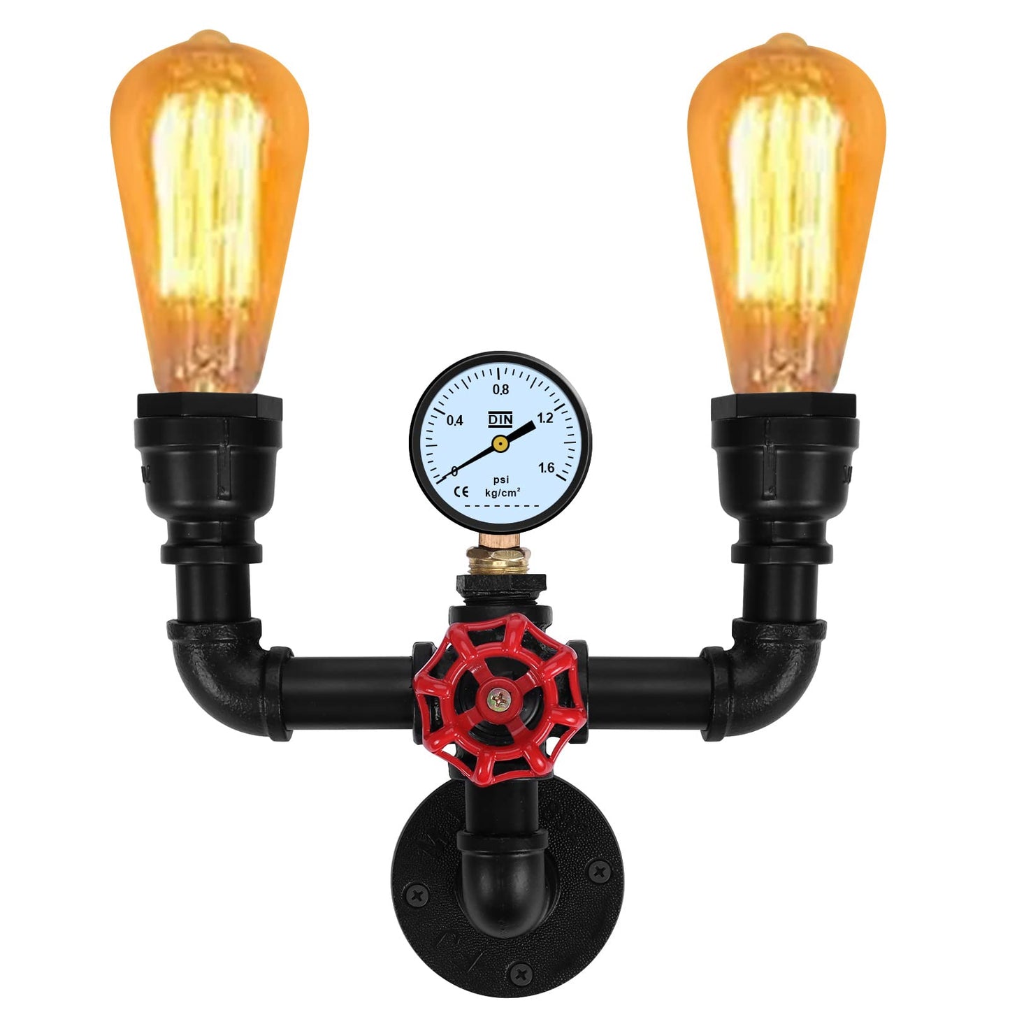 KAWELL Vintage Steampunk Wall Sconce 2-Light - Industrial Water Pipe Wall Lamp with Decorative Gauge, E26 Edison Bulb Fixture for Bar & Cafe