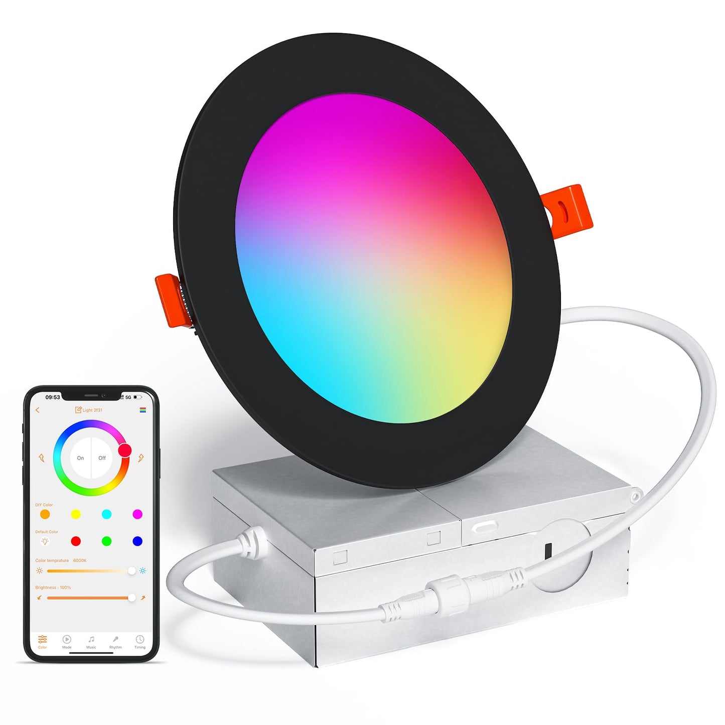 KAWELL SikSog 4-Inch Smart Recessed Lighting – RGB+CCT Color Changing, 12W, 1080LM, Alexa Compatible, Bluetooth Dimmable (Black Shell)