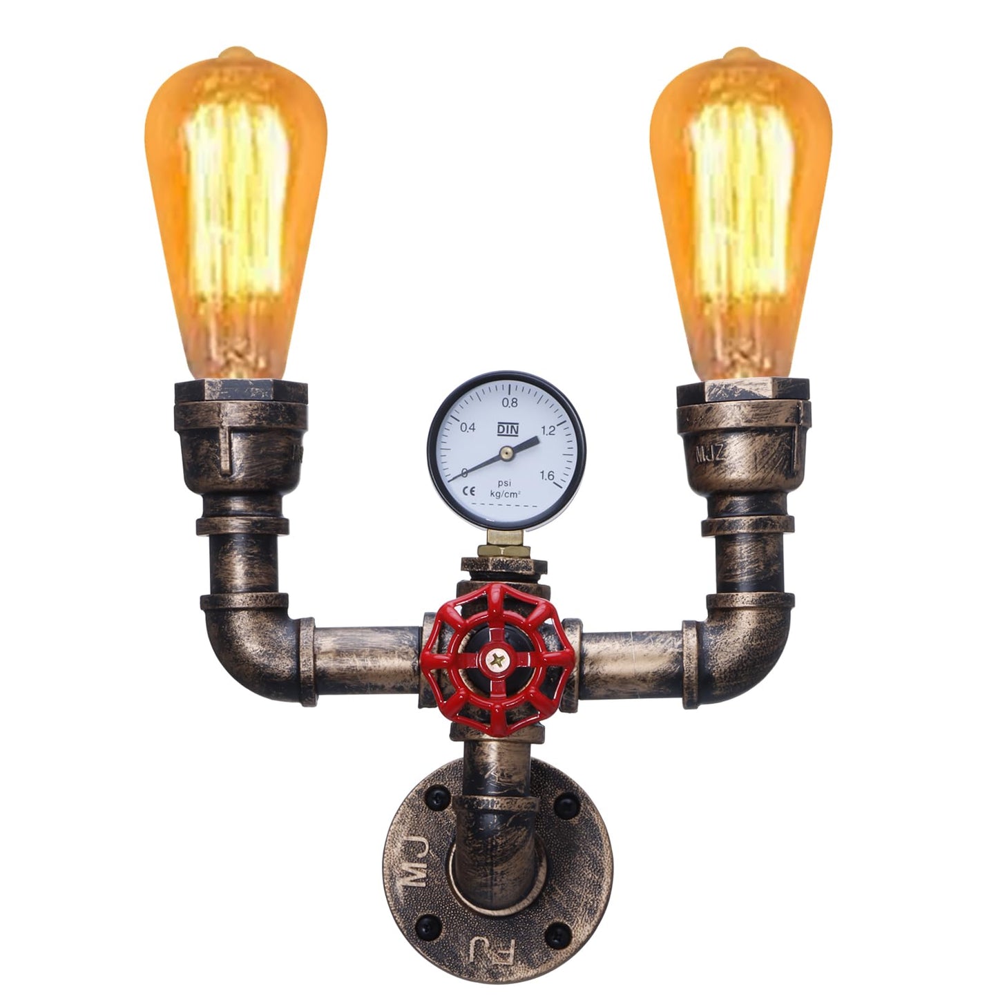 KAWELL Vintage Steampunk Wall Sconce 2-Light - Industrial Water Pipe Wall Lamp with Decorative Gauge, E26 Edison Bulb Fixture for Bar & Cafe