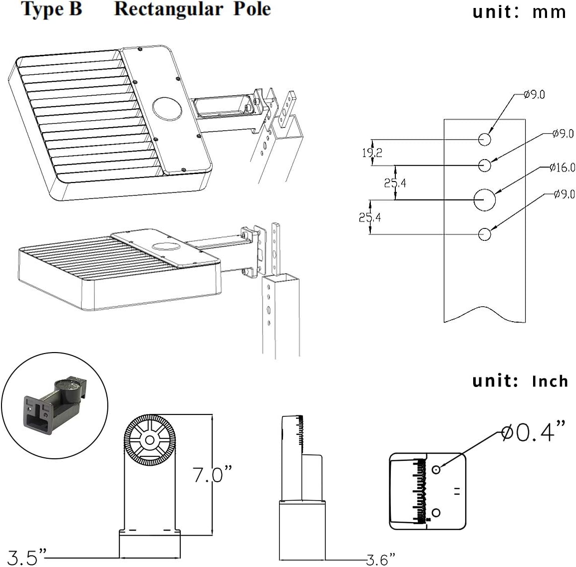 KAWELL 100W LED Parking Lot Light - 13000LM Square Pole Mount with Optional Photocell 5000K