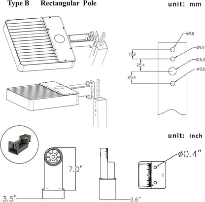 KAWELL 100W LED Parking Lot Light - 13000LM Square Pole Mount with Optional Photocell 5000K
