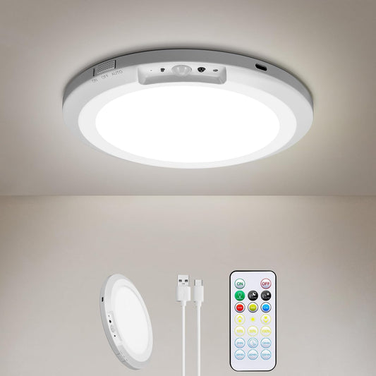 KAWELL Rechargeable Motion Sensor Ceiling Light - 10000mAh Battery Operated LED Flush Mount with Remote Control, 3 Color Modes, Dimmable for Closet, Hallway, Stairs