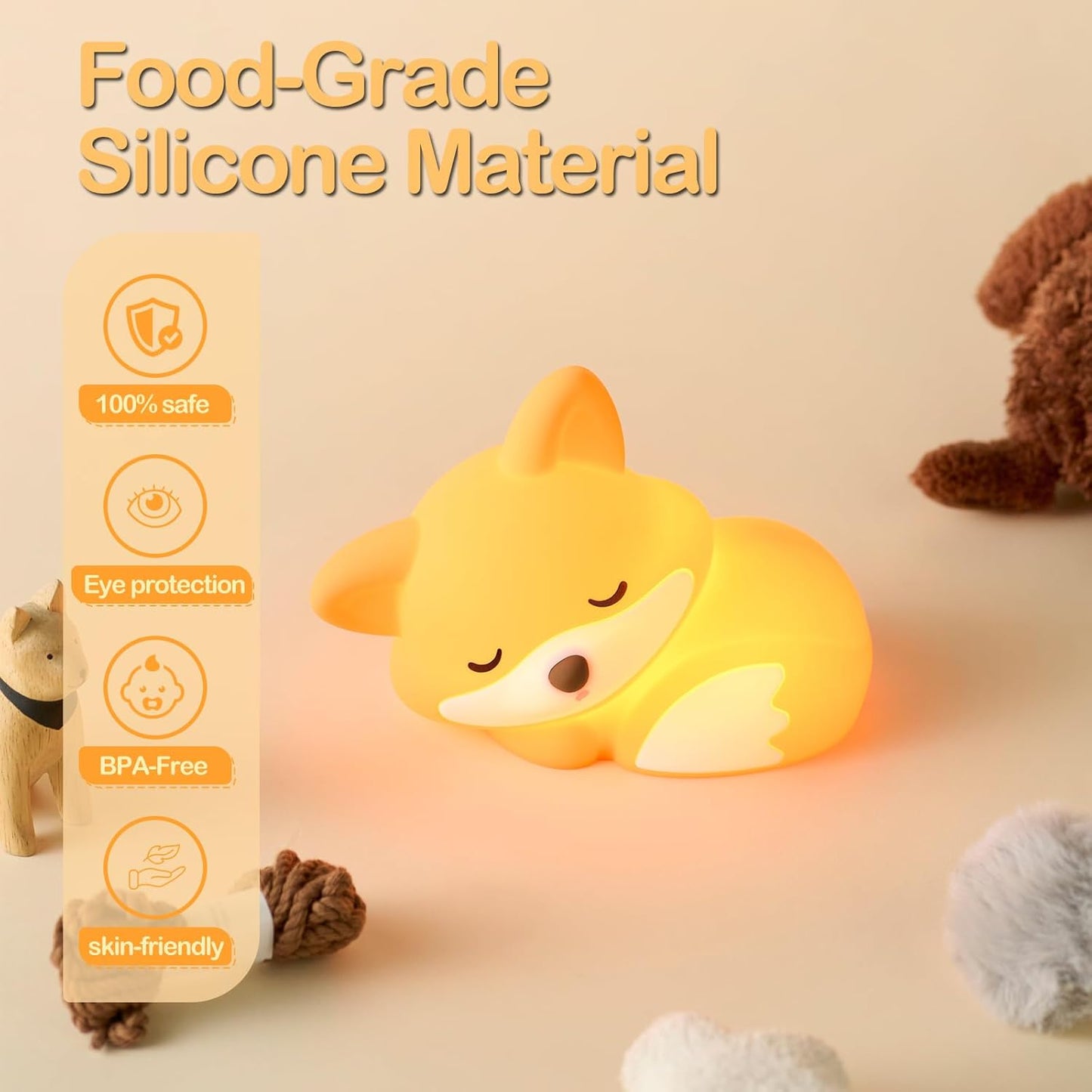 Fox Night Light for Kids | Squishy Silicone Animal Lamp, Dimmable, BPA-Free