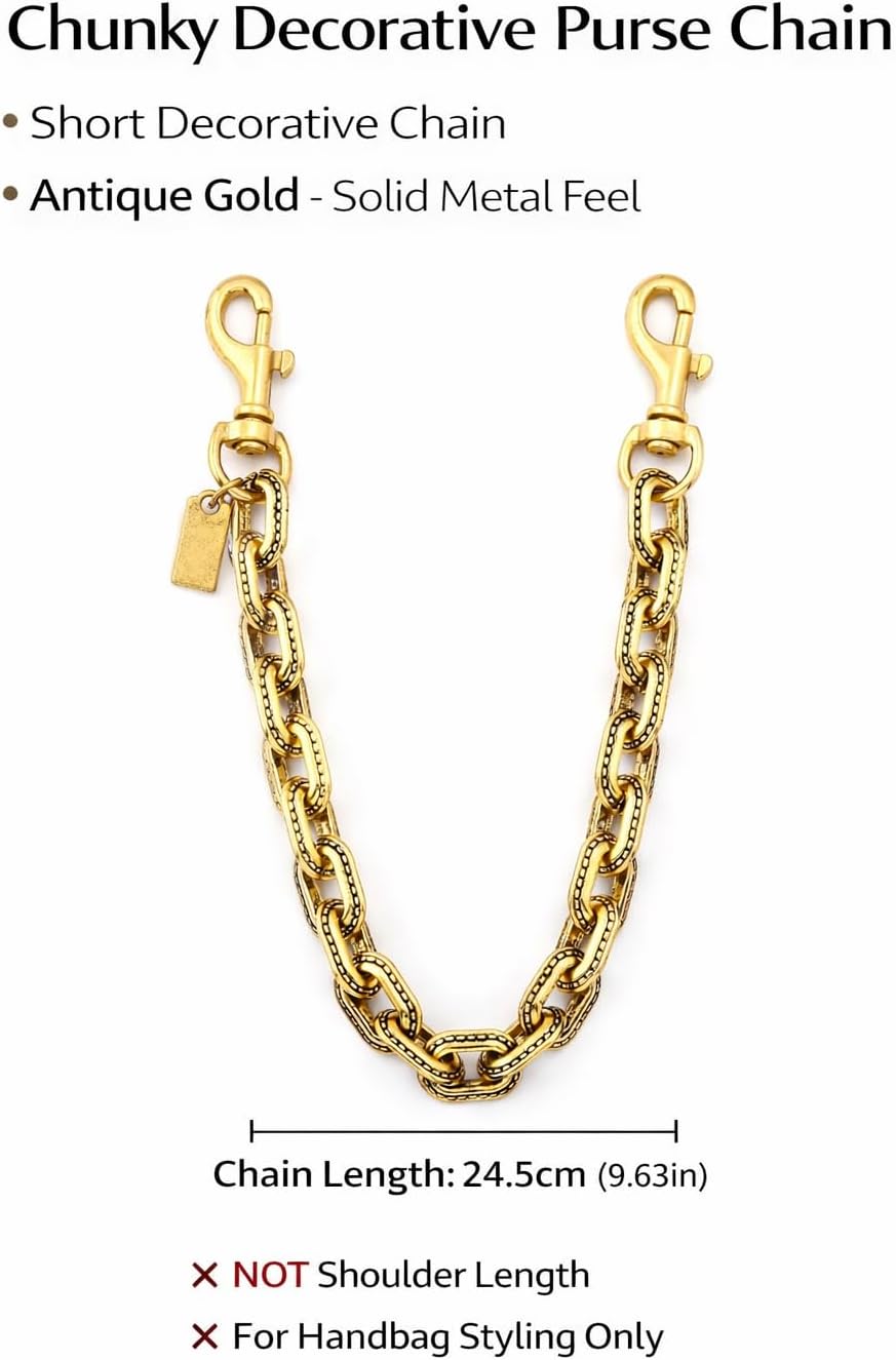 FunBoat Chunky Decorative Purse Chain with Double Clips - Short Antique Gold Bag Accent for Handbags & Totes