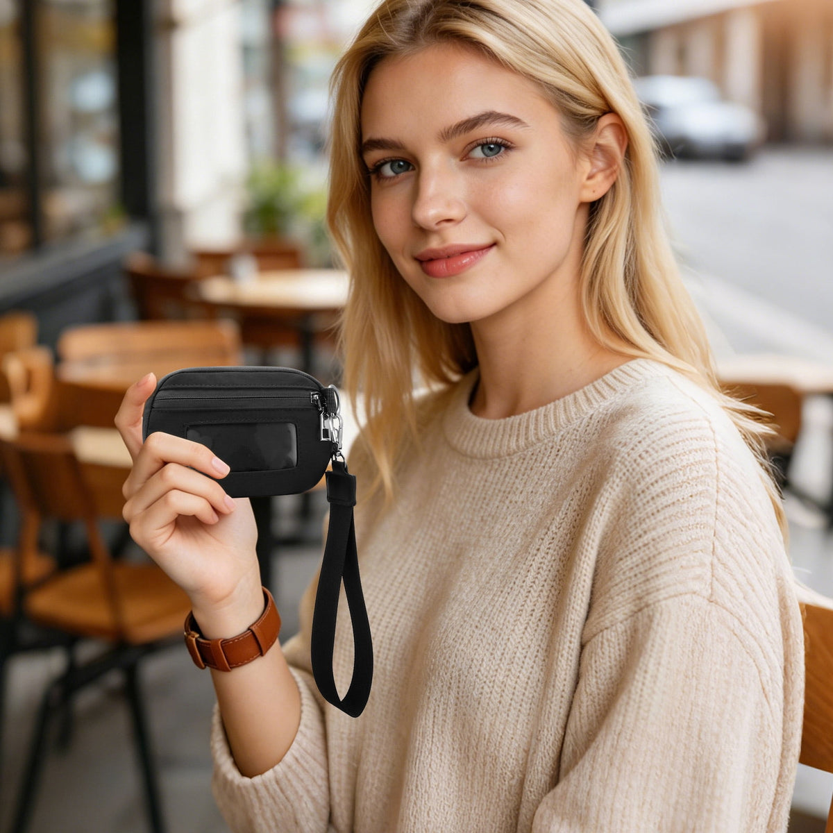 URSOFINE Small Nylon Wristlet Wallet for Women – Zip-Around Mini Coin Purse with Clear ID Window & Detachable Strap, Lightweight Card Holder for Travel, Gym & Everyday Use （Black）