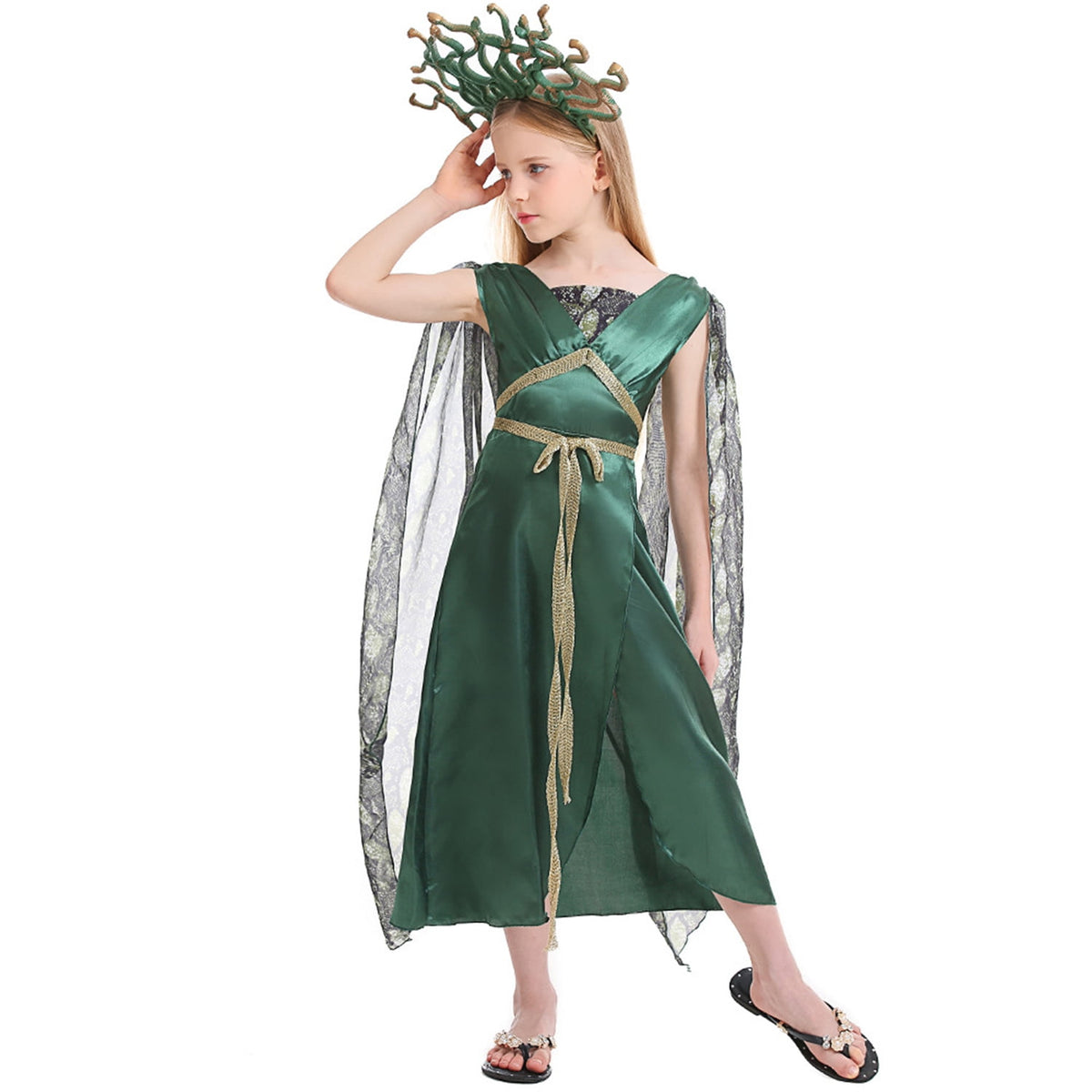 KAWELL Green Costume with Headpiece Green Dress for Halloween Dress Up
