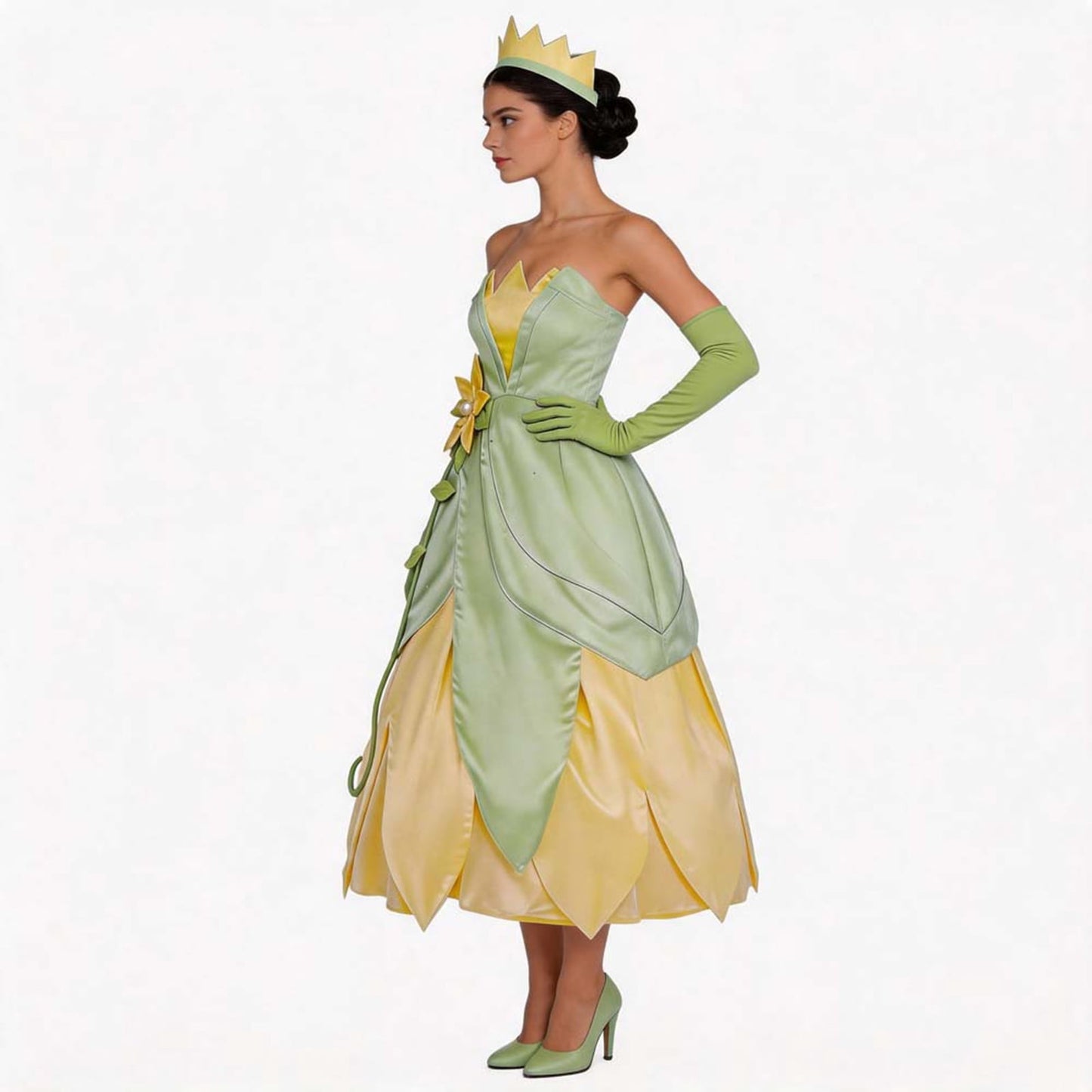 URSOFINE Princess Tiana Costume Women Green Flower Headband Gloves Halloween Fairy Dress Cosplay Outfits
