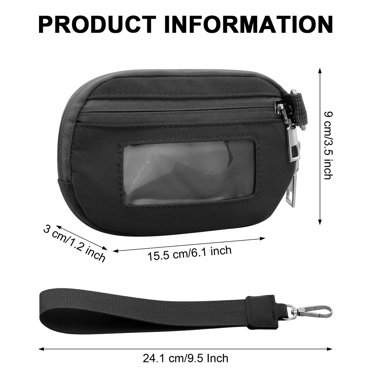 URSOFINE Small Nylon Wristlet Wallet for Women – Zip-Around Mini Coin Purse with Clear ID Window & Detachable Strap, Lightweight Card Holder for Travel, Gym & Everyday Use （Black）