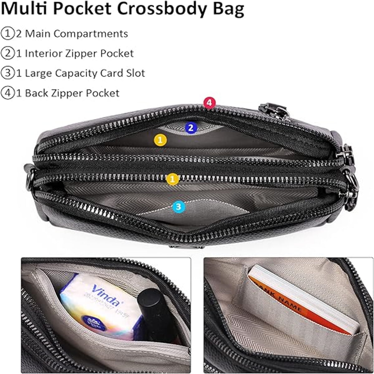 KAWELL Crossbody Bags for Women Genuine Leather Shoulder Purse Cross Body Bag with Wristlet Top Zipper