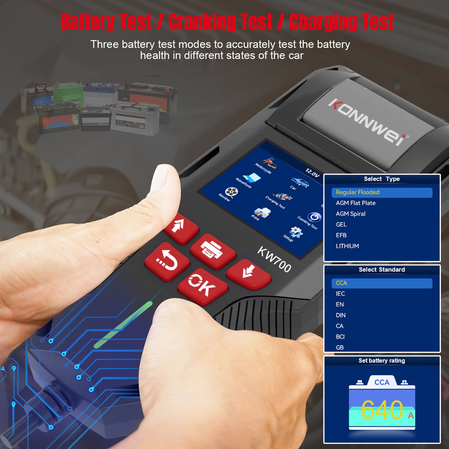 KONNWEI KW700 Battery Tester with Thermal Printer | 6V 12V 24V All-in-One Diagnostic Tool