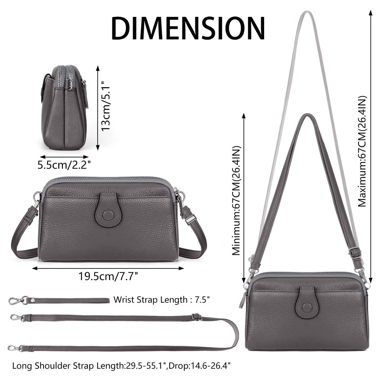 KAWELL Genuine Leather Wristlet Clutch Wallet Purses Small Crossbody Bags Shoulder Handbag for Women, Silver Zipper