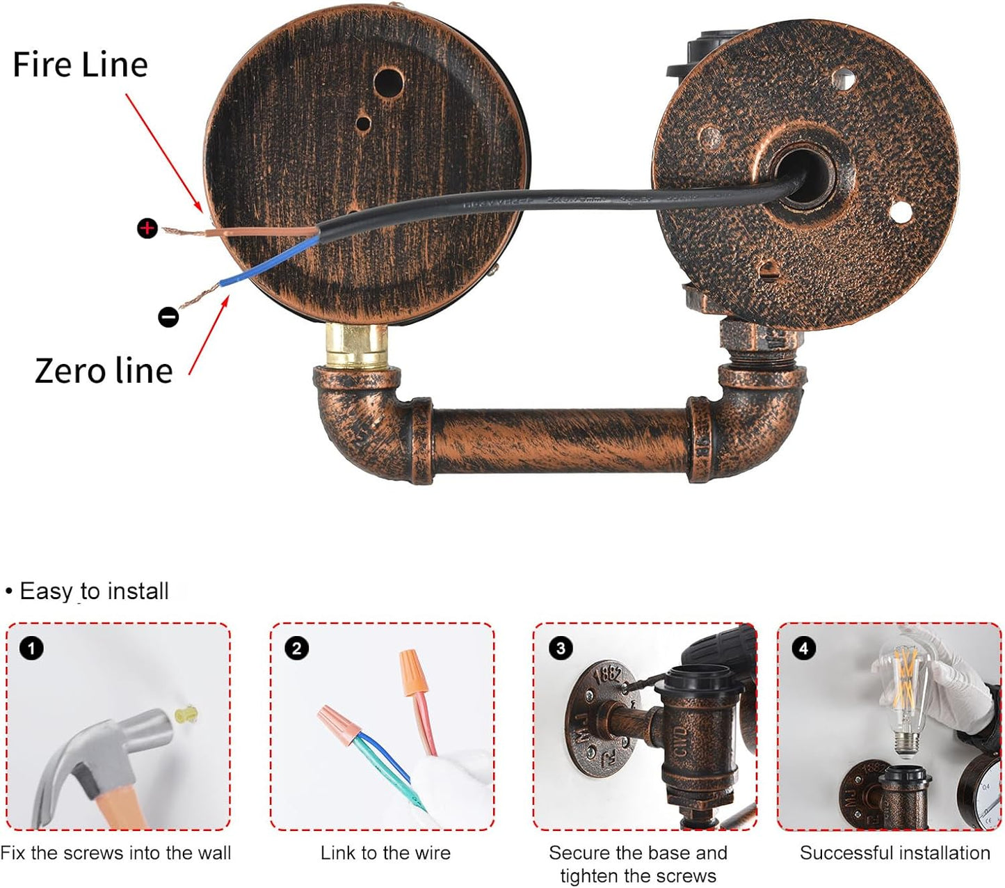 KAWELL Steampunk Wall Sconce - Vintage Industrial Pipe Wall Light with Pressure Gauge Design, E26 Edison Bulb Fixture for Bar, Cafe & Bedroom
