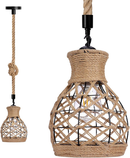 Kawell Hemp Rope Pendant Light Fixtures Vintage Farmhouse Ceiling Hanging Light Fixture E26 Base Hardwired Retro Hanging Pendant Light Fixture Indoor for Kitchen Restaurant Cafe Dining Room