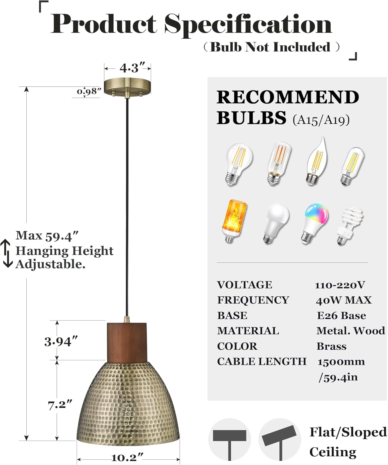 2-Pack Hammered Brass Pendant Lights | Vintage Solid Wood Bar Lamp, Kitchen Island