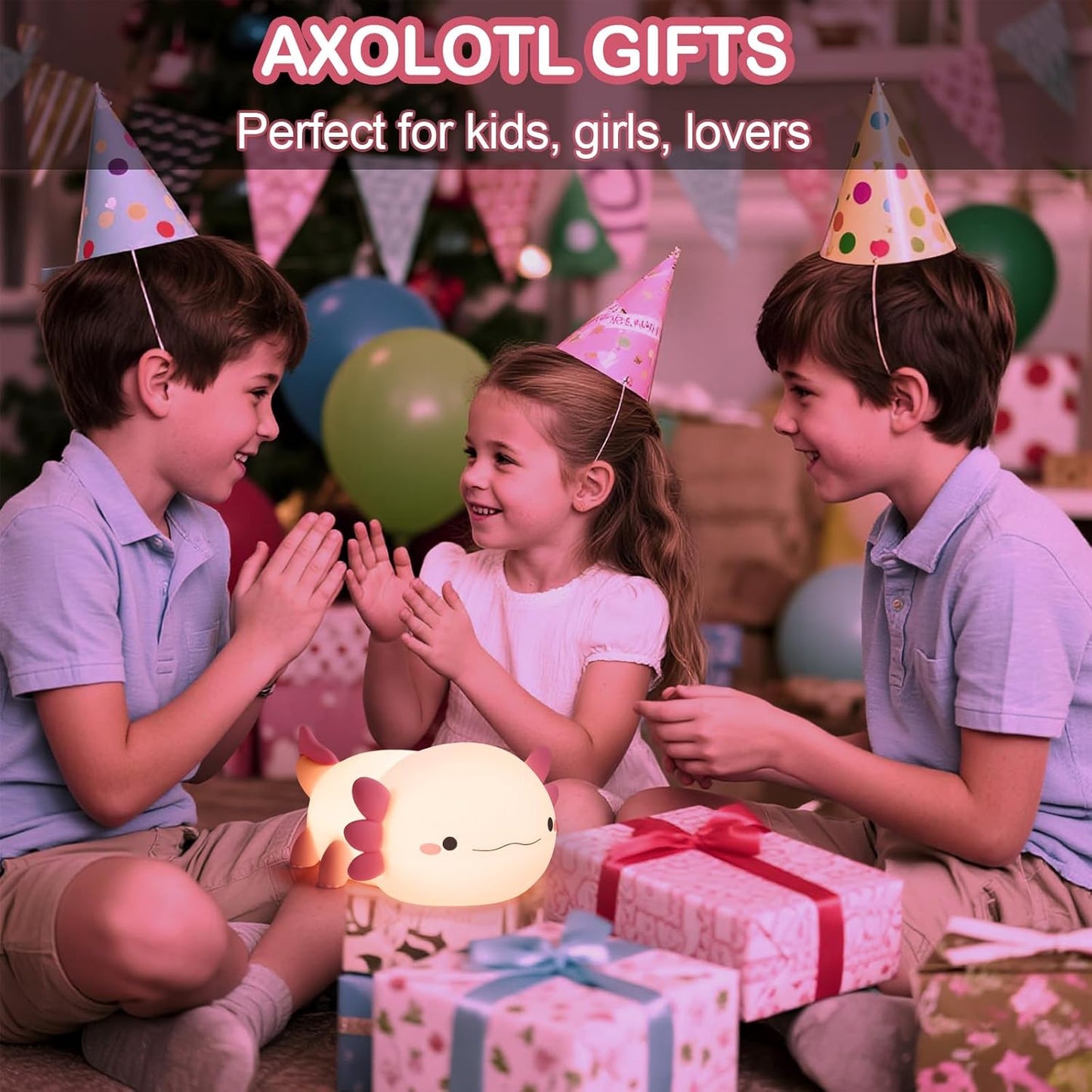 Axolotl Night Light | Rechargeable Silicone Bedside Lamp, Dimmable, Kids Teen Gift