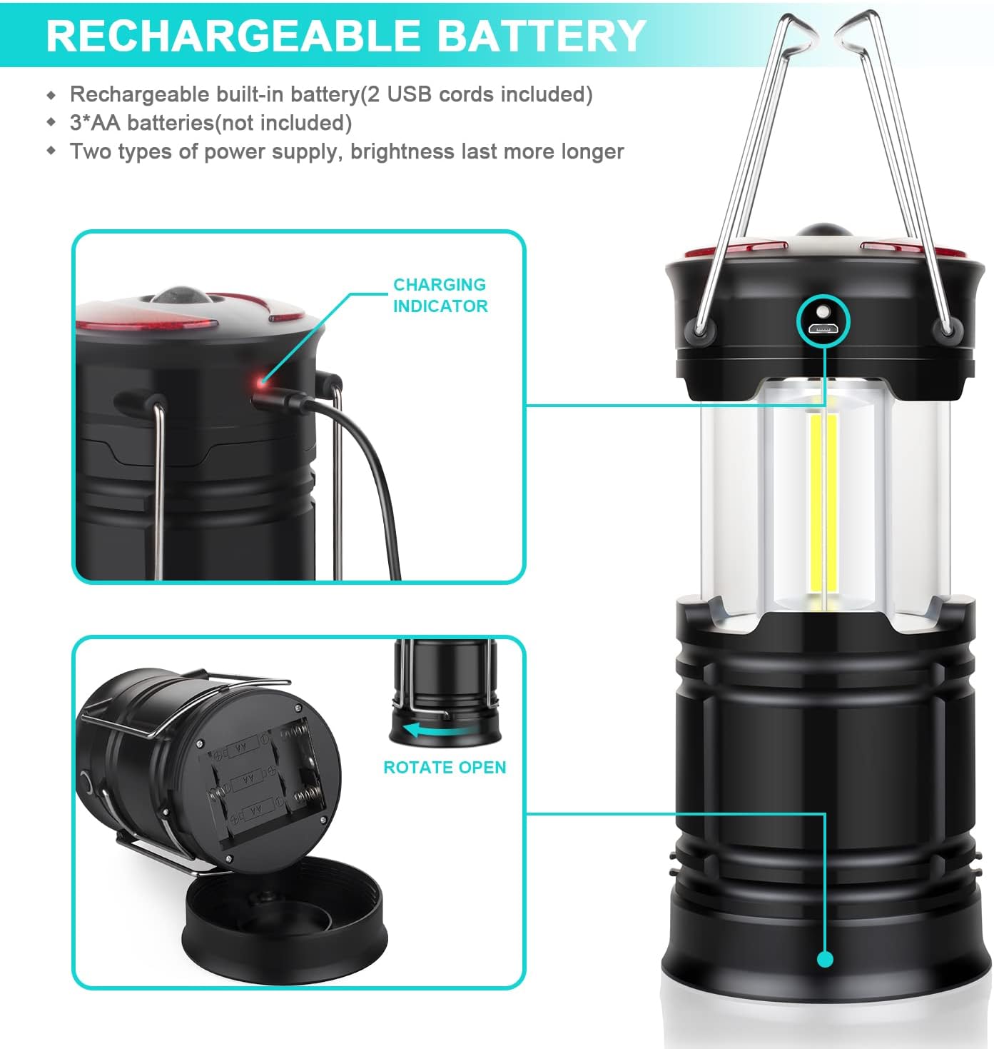 2-Pack Rechargeable LED Camping Lanterns | USB & Battery Powered, Collapsible