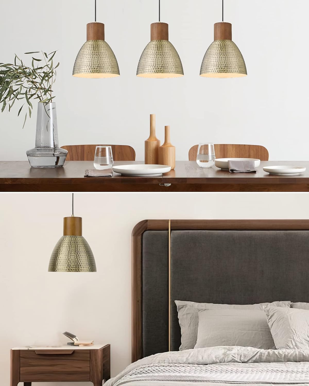2-Pack Hammered Brass Pendant Lights | Vintage Solid Wood Bar Lamp, Kitchen Island