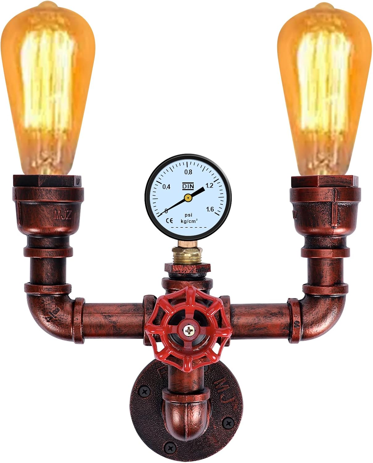 KAWELL Vintage Steampunk Wall Sconce 2-Light - Industrial Water Pipe Wall Lamp with Decorative Gauge, E26 Edison Bulb Fixture for Bar & Cafe