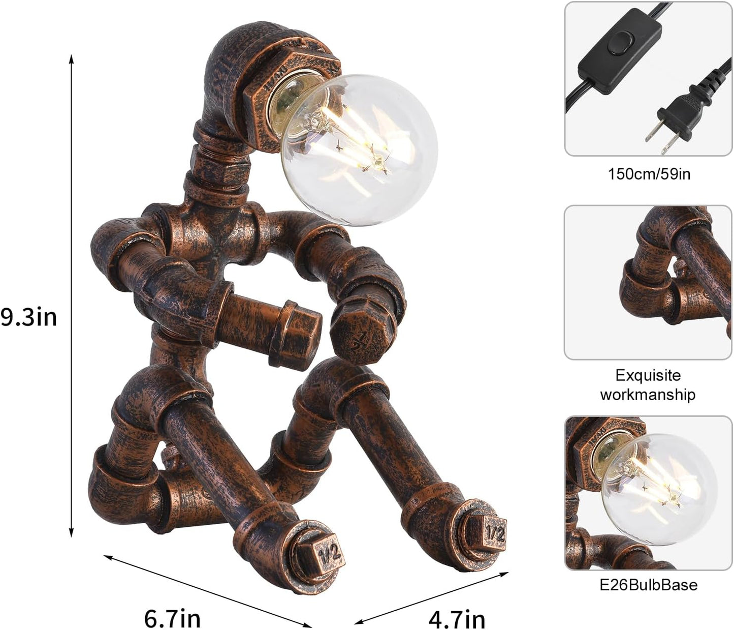 KAWELL Industrial Robot Table Lamp - Vintage Steampunk Desk Lamp with Metal Pipe Design for Bedroom, Office & Bar Decor