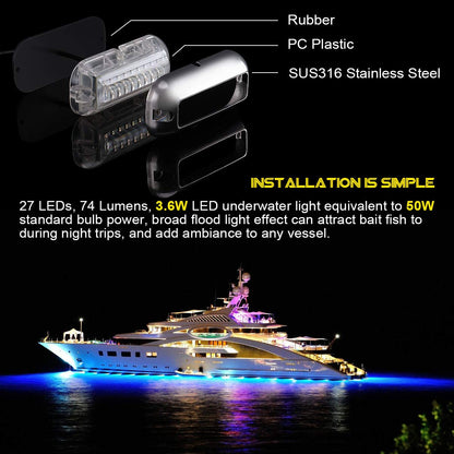 Kawell 27 LED LED Underwater Boat Yacht Lights Waterproof IP68 SUS316 Stainless Steel Pontoon Marine Transom Lights for Swiming Driving Fishing 2pcs Blue Lights
