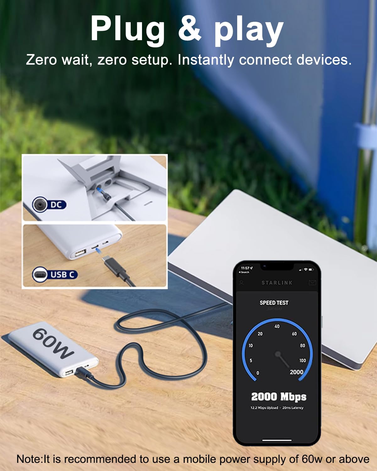Starlink Mini Power Cable 3.3FT USB-C to DC5521, Waterproof Outdoor Cable for Satellite Internet,20AWG Heavy Duty 20V Cord with Surge Protection&IP68 Rating, Suitable for RVs, Camping, Off-Roading